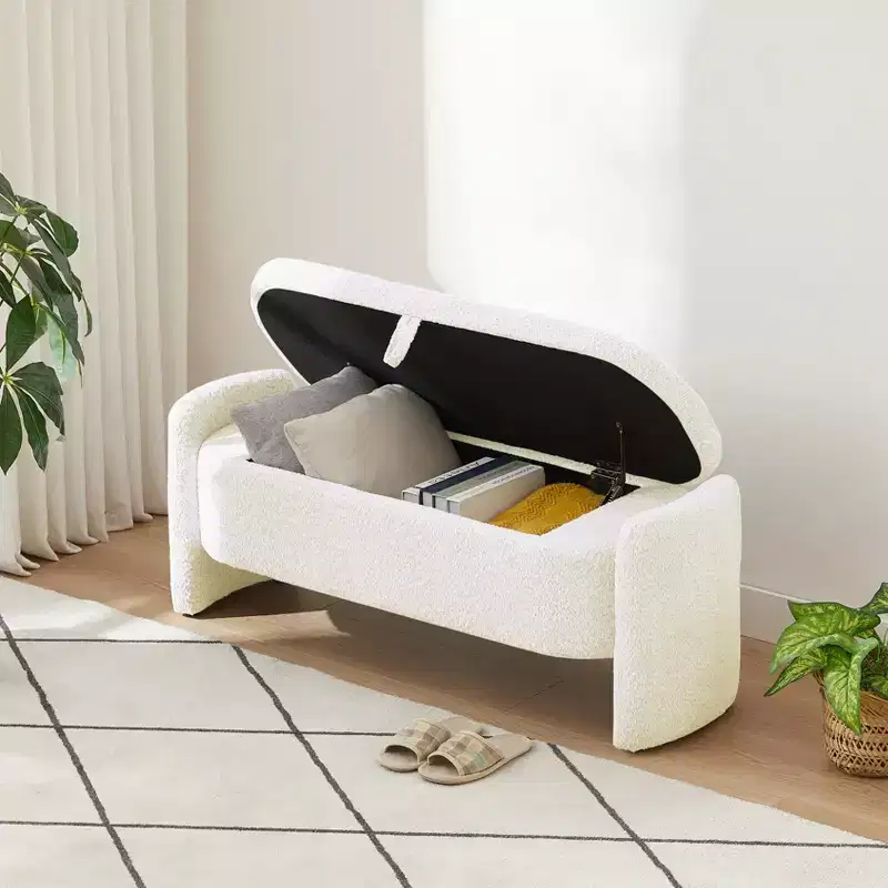Oval Storage Bench with 3D Lamb Fleece Fabric, Large Hidden Storage for Living Room, Entryway, Bedroom - Cream White