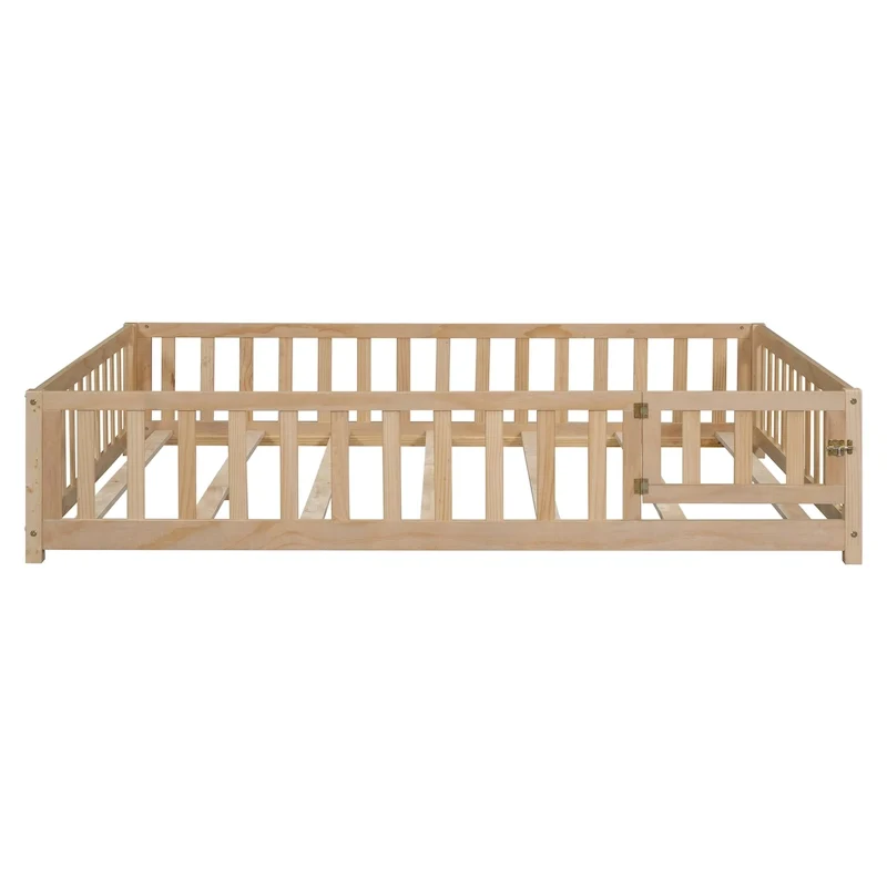 Full Size Wooden Floor Platform Bed with Fence and Door for Kids