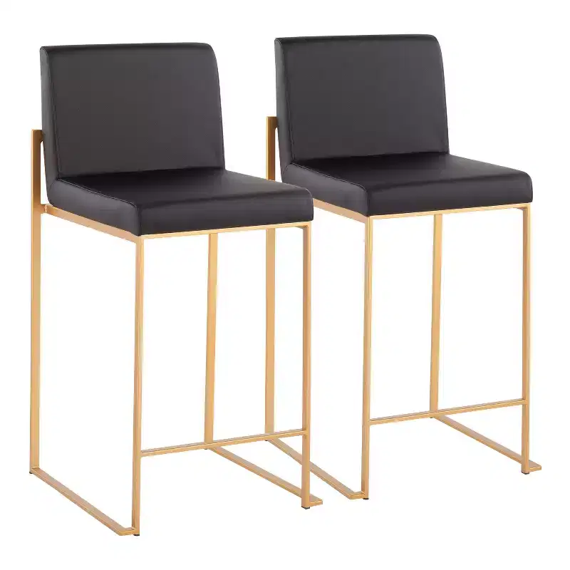 Set of 2 High-Back Counter Height Barstools – Faux Leather, Gold Steel Legs, 26