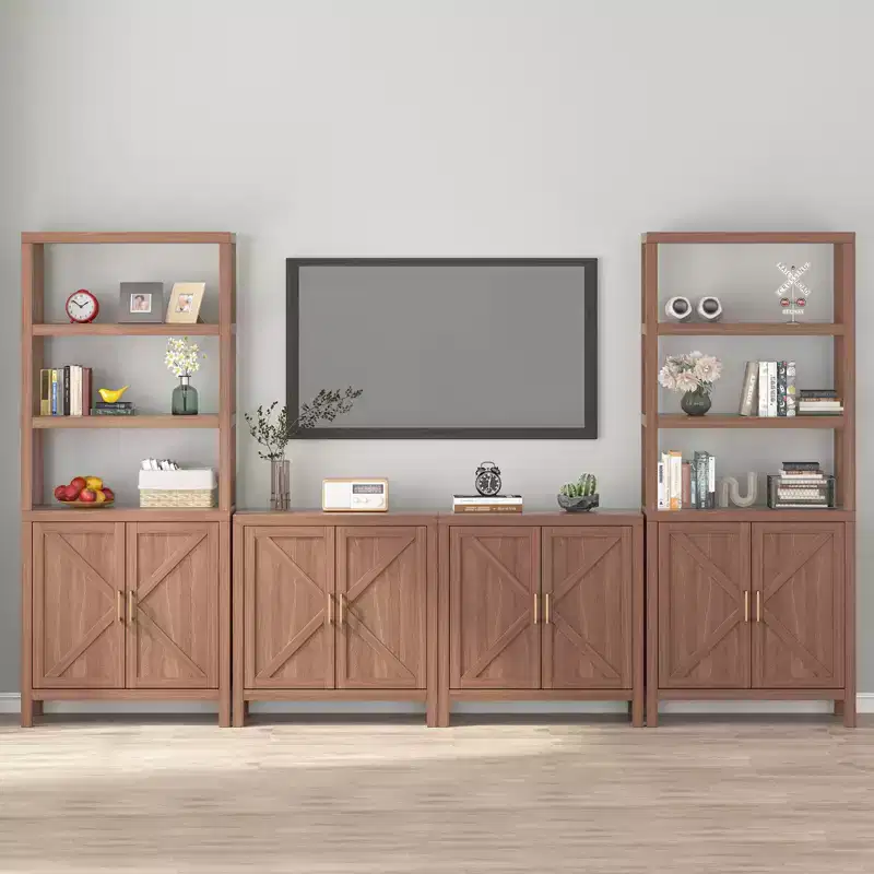 Classic X-Shaped Storage Cabinet, Entryway Cabinet, TV Cabinet, With Adjustable Shelves, Metal Handles for Living Room, Entryway, Oak Color