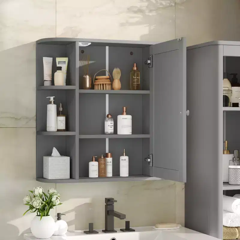 Modern Wood Wall Mounted Bathroom Mirror Storage Medicine Cabinet with Open Shelves