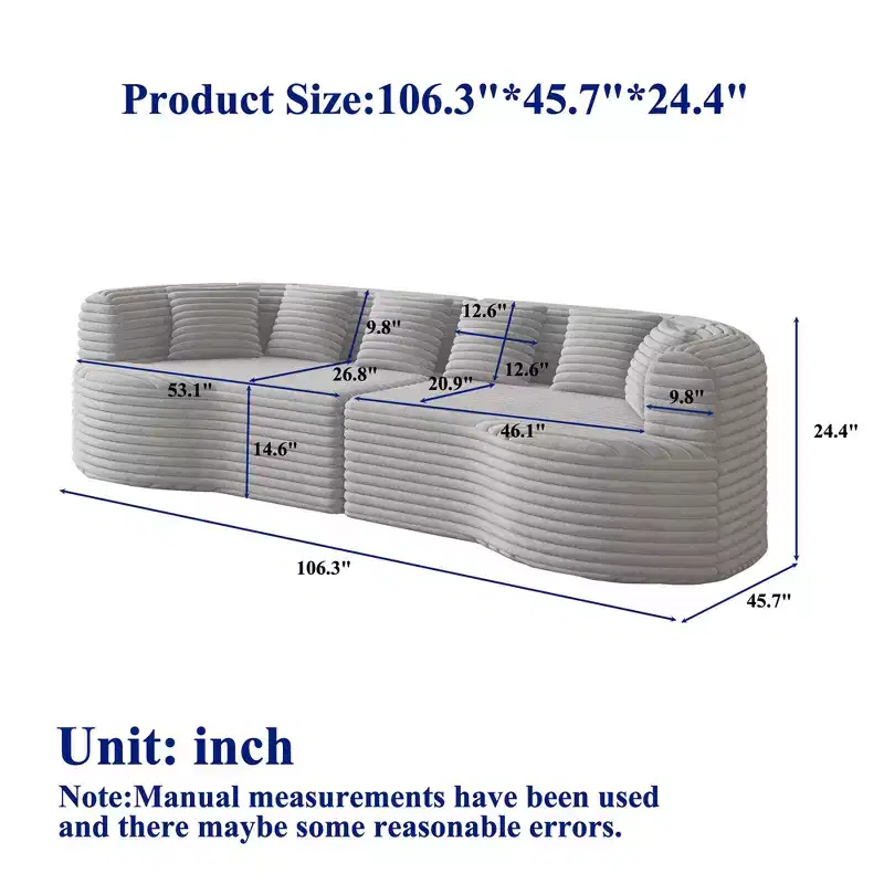 Clihome 106.3 4-Seater Corduroy Sofa, Curved Sectional Sofa with 6 Cushions