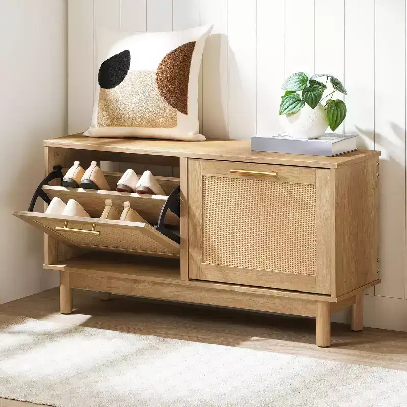 ALUCSET Rattan Shoe Storage Bench, 39.4 Entryway Bench with 2 Flip Drawers, Hidden Shoe Cabinet, Adjustable Shelves, 300lb Capacity