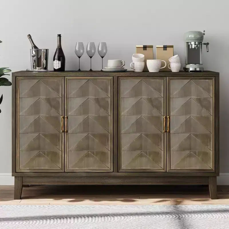 Modern Sideboard Cabinet, Buffet with 4 Stylish Geometric Design Doors, Storage Cabinet for Living Room, Office, Kitchen