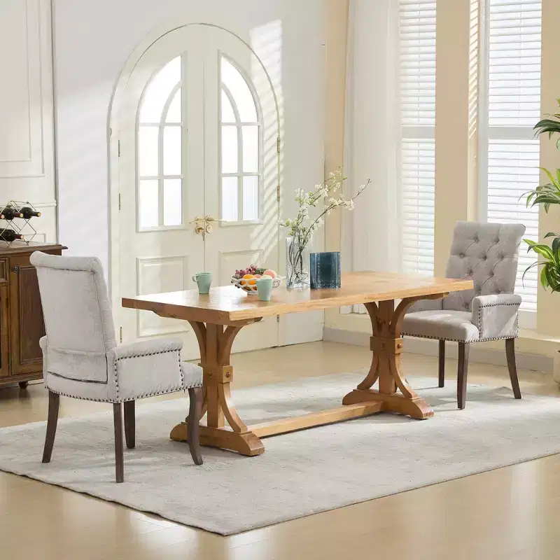 MAYEERTY Upholstered Chenille Dining Chair - Curved Solid Wood Legs, Tufted Design, Armrests, Beige, Single Pack
