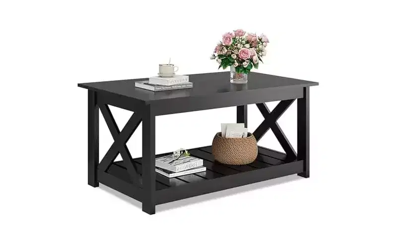 Farmhouse Coffee Table for Living Room, 40.1 Rustic Center Table with X-Frame Support & Storage Shelf