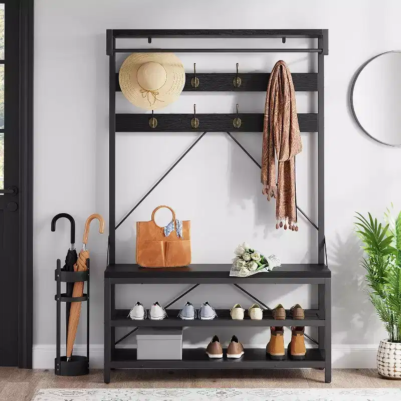 Coat Rack Shoe Bench 72in Tall Hall Tree Shoe Rack with Storage Shelf and Hooks, Removable Industrial Accent Furniture Metal Frame for Home