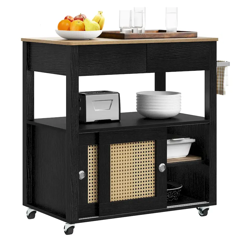 Moasis Rattan Rolling Kitchen Island with Storage Cabinet - 32.2L x19.5W x 35H