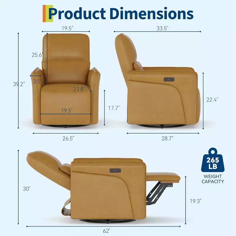 360 Swivel Recliner Chair, Upholstered PU Leather Rocker, Adjustable Lumbar, for Living Room, Bedroom, Brown
