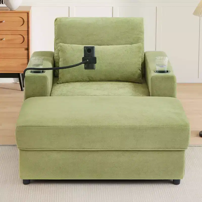 MAYEERTY Modern Style Armhair 42.5 Chaise Lounge Sofa with Movable Storage Ottoman Ports Two Cup Holders Side Pockets for Living Room Green