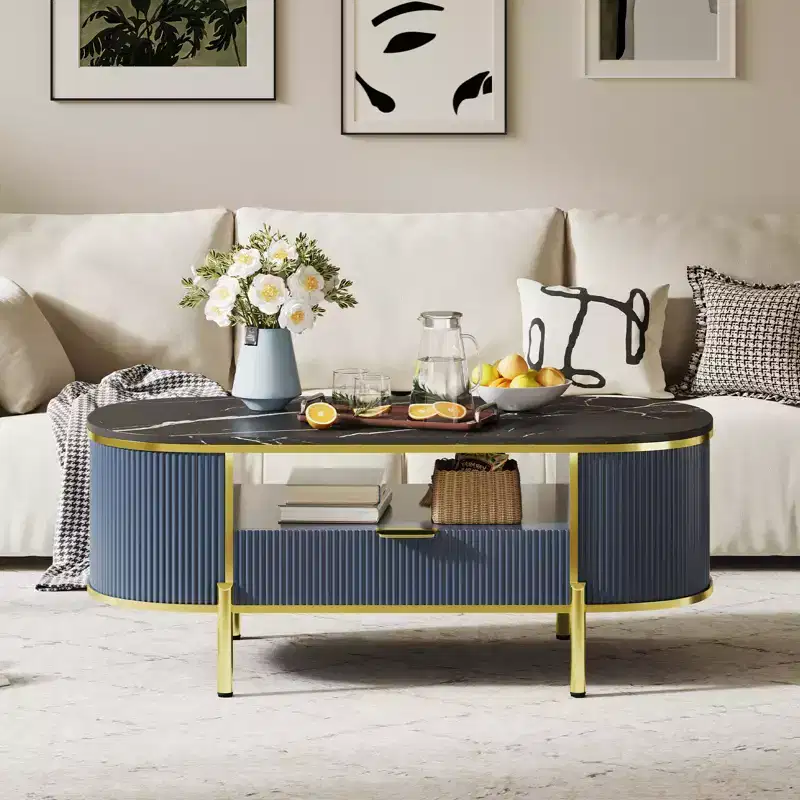 Blue / Oak Oval Fluted Coffee Table with Faux Marble Top, Gold Frame & Drawer