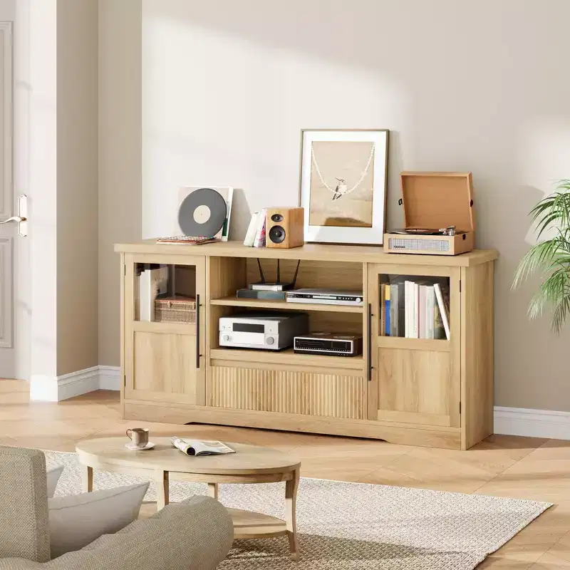 TV Stand, Farmhouse Entertainment Center with Wave Pattern & 2 Glass Door Cabinets, Media Console with Open Storage for Living Room