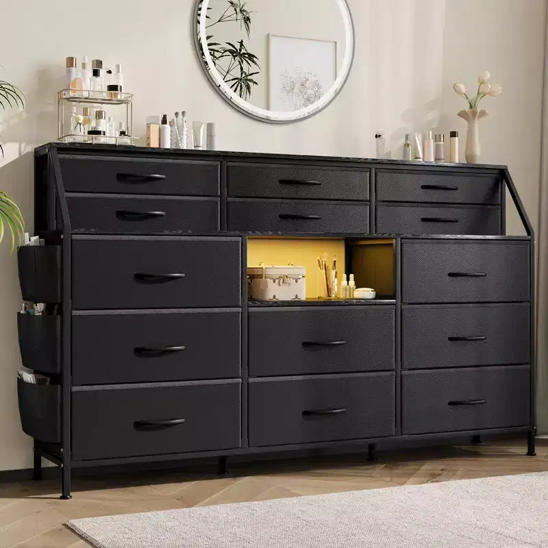 Dresser for Bedroom with 14 Drawers, 55 W Dresser with Side Pocket, Fabric Dressers & Chests of Drawers with Shelves, Sturdy Frame, Wood Top
