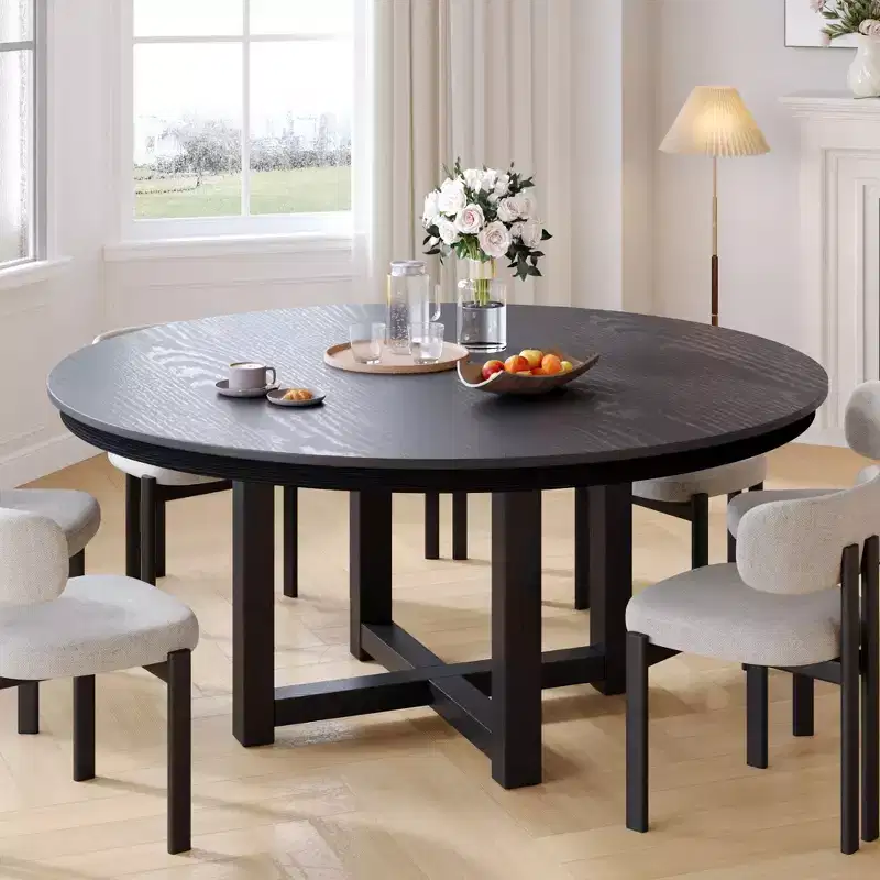 59 Solid Wood Farmhouse Round Dining Table, Wood Texture Top with Cross X Base, Black