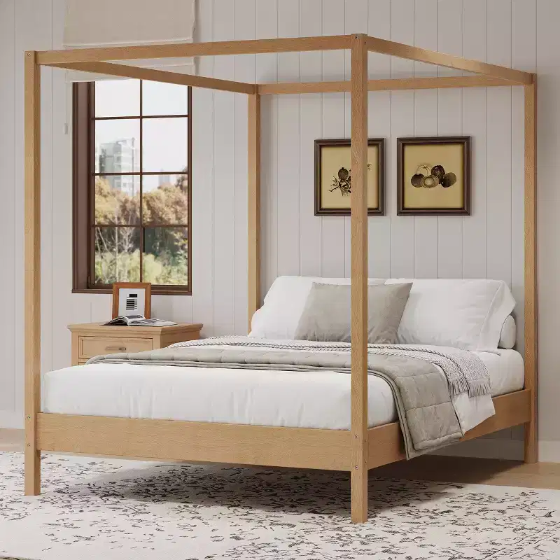 Solid Wood Canopy Bed Frame with Poster Platform and Slats Support