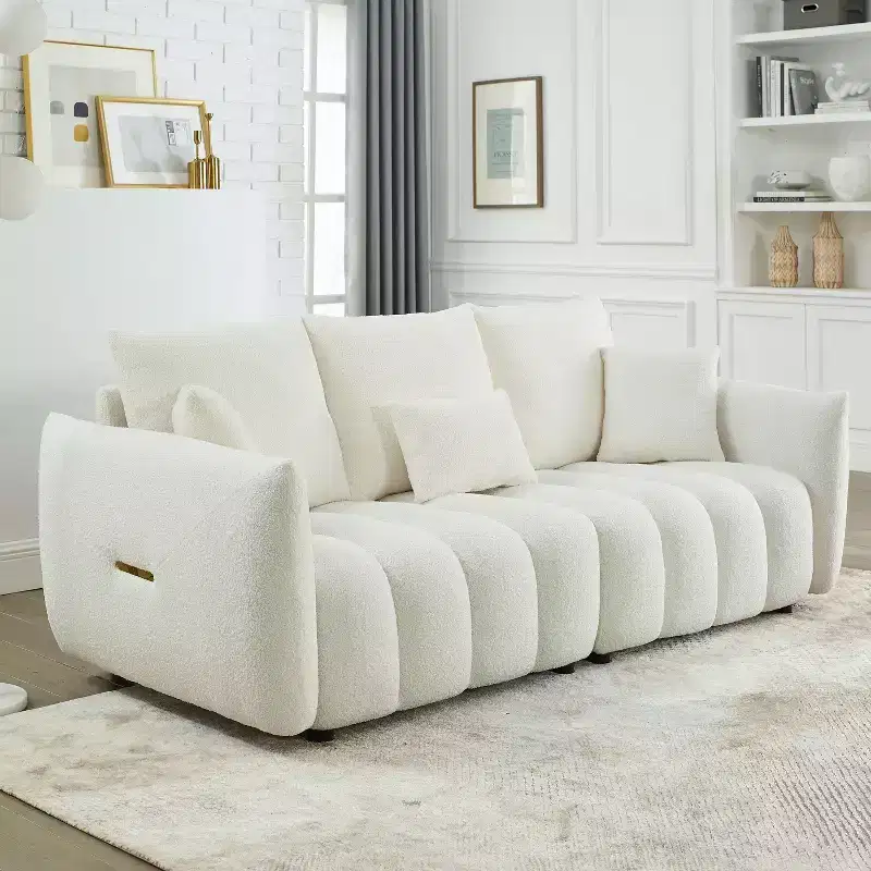 3-seater Upholstered Sofa Couch, Teddy Fabric Sofa with 3 Back Pillows 4M