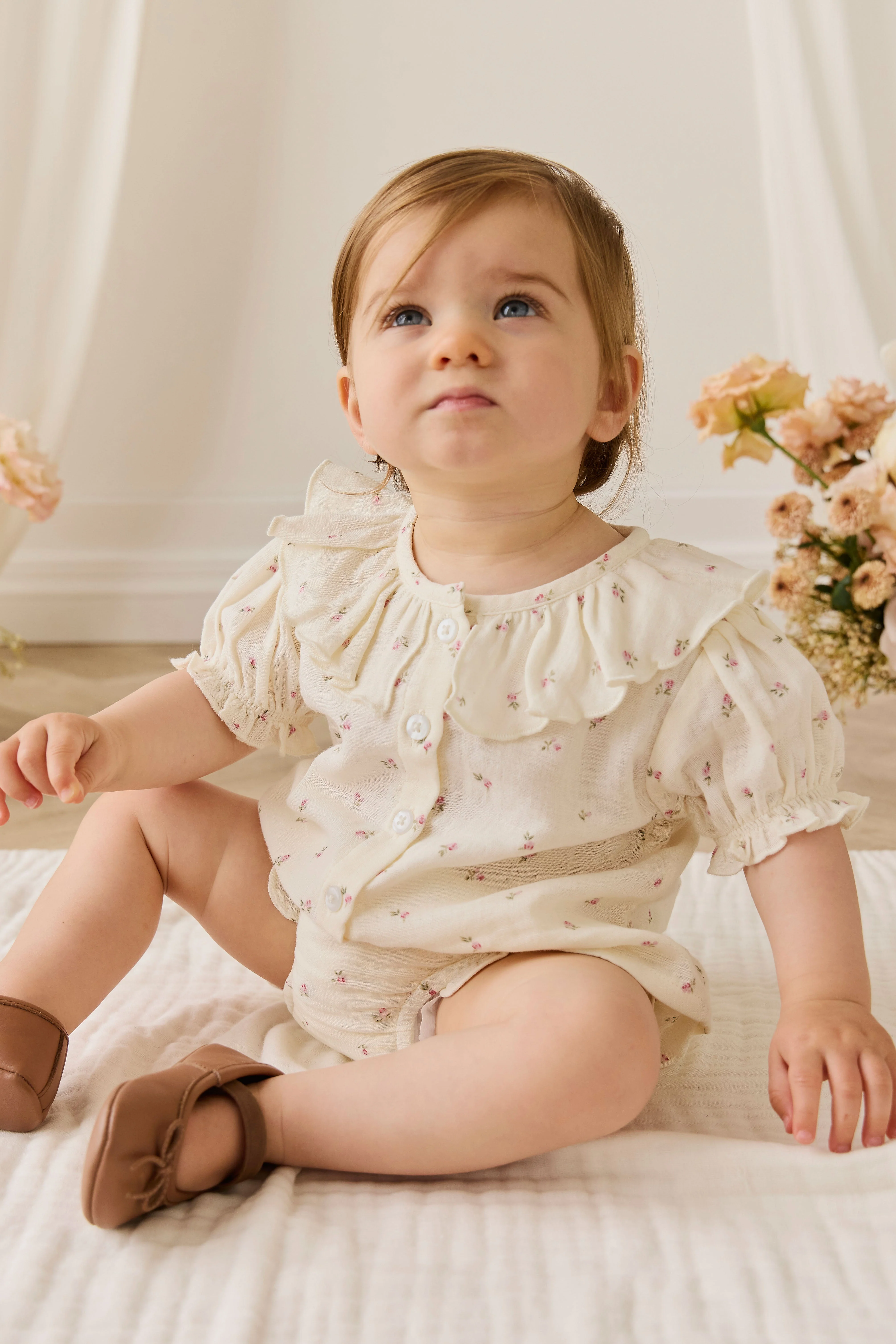 Floral Organic Cotton Muslin Top with Ruffled Collar & Button Front for Girls 0M–10Y