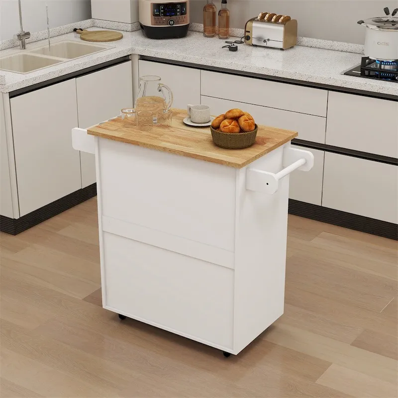 Kitchen Island Rolling Trolley Cart w/Adjustable Shelves,Wood Tabletop