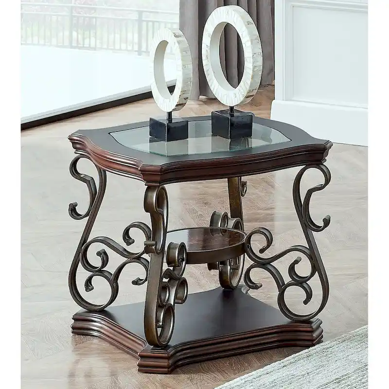 Traditional Tempered Glass Top Table Set with Coffee Table, Console Table, End Table, and Retro Metal Legs
