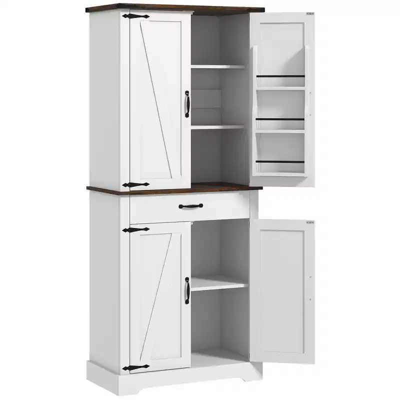 71 Tall Kitchen Cabinet, Farmhouse Pantry Cabinet w/ Barn Doors, 6 Shelves w/ 2 Doors, Drawer and Adjustable Shelves