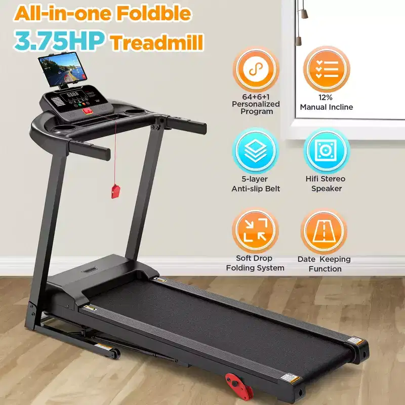 3.75HP Treadmill 300lb Capacity, Incline Folding Treadmill, 64+7 Smart Program, 7.5MPH, APP Control,Treadmill for Home Jogging Walking w/ HiFi Speaker