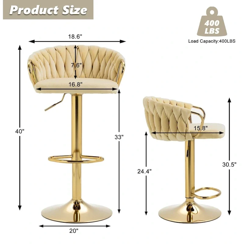 Set of 4 Bar Stool Adjustable Height Swivel Velvet Woven