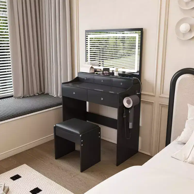 Okak Makeup Vanity with Large 3 Color Adjustable Mirror, Vanity Desk with Power Outlet and Hair Dryer Holder, Compact Vanity for Bedroom