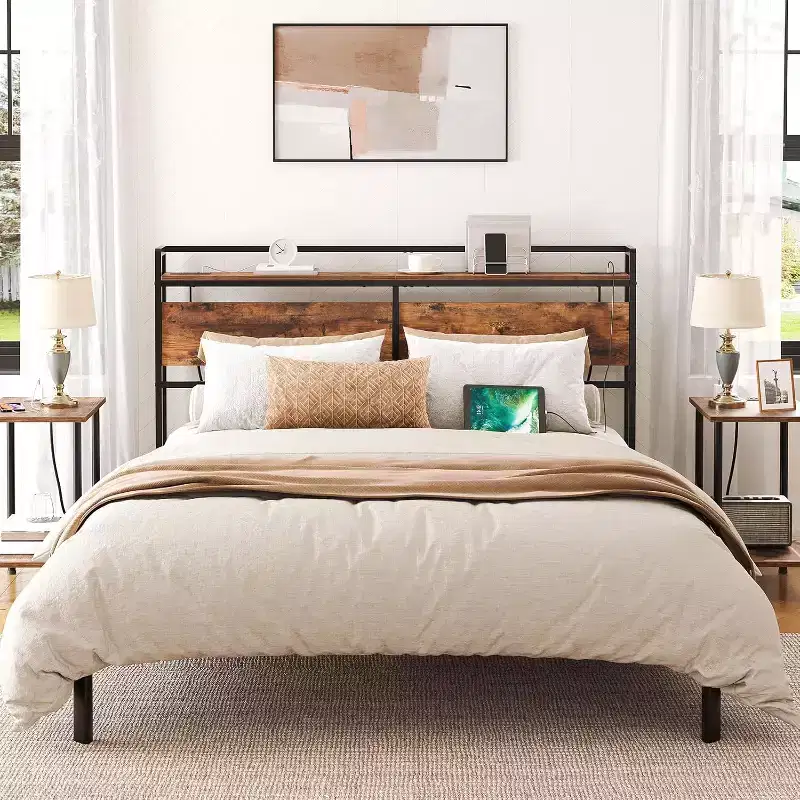 Queen Size Headboard with Charging Station – 2 Outlets & 4 USB Ports, Adjustable Height
