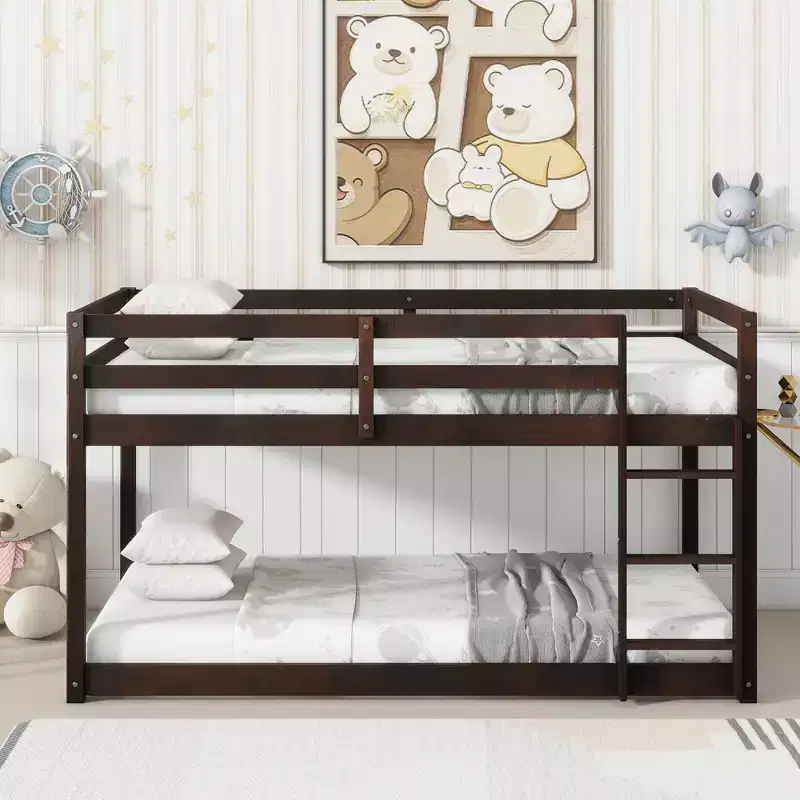 Bellemave Twin over Twin Low-Height Floor Bunk Bed for Kids, Solid Wood Frame with Wide Ladder, Sturdy Slats, Space-Saving Design, Multiple Colors