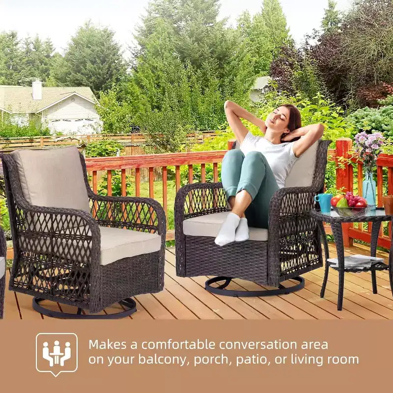 Acekool 3-Piece Swivel Rocking Chair Set - Outdoor Rattan with Side Table