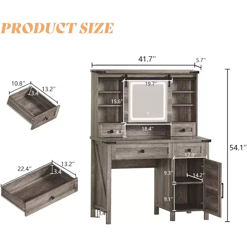 AMERLIFE 42'' Farmhouse Makeup Vanity Desk with Sliding Mirror and Lights, Glass Tabletop Vanity Table, Light Rustic Oak