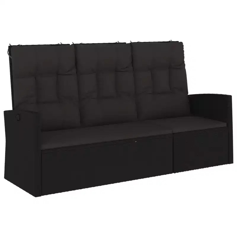 Garden Bench Black Poly rattan 3 Seater Adjustable Armrests