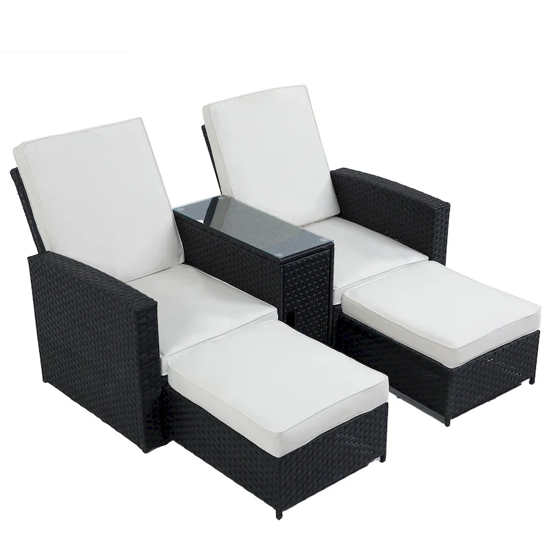 5 Piece Rattan Wicker Outdoor Chaise Lounge Recliner Back Adjustable with white cushions - 83*56