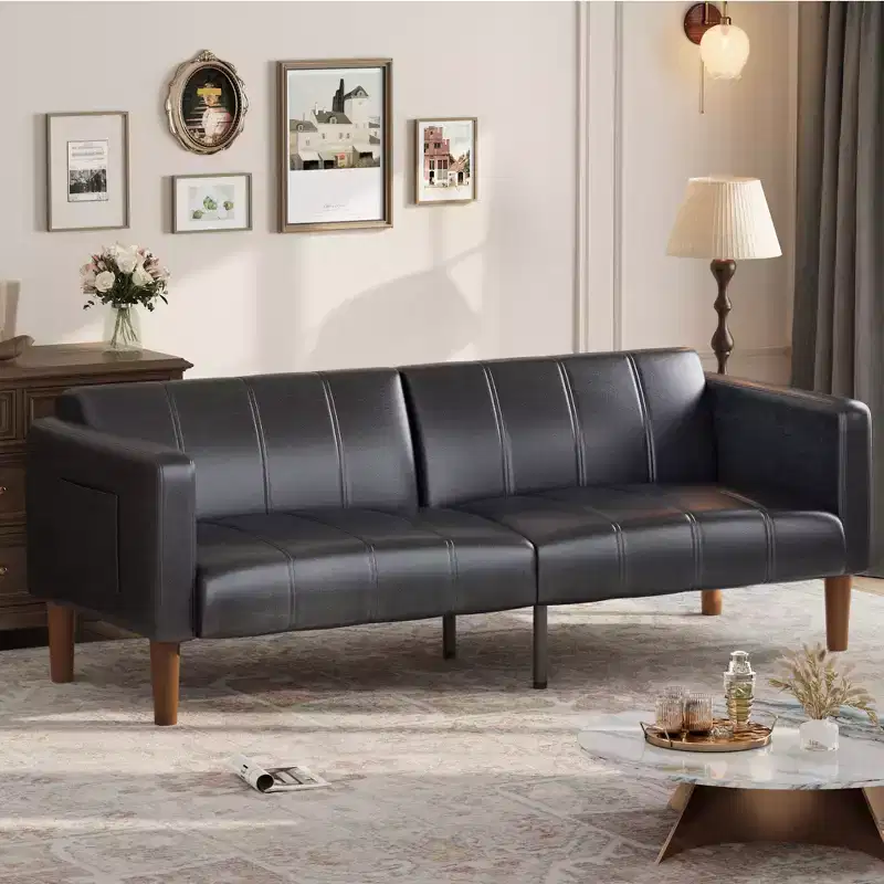 75 PU Leather Futon Sofa Bed,Convertible Loveseat, Adjustable Backrest, Side Pockets, Space-Saving Sleeper Sofa