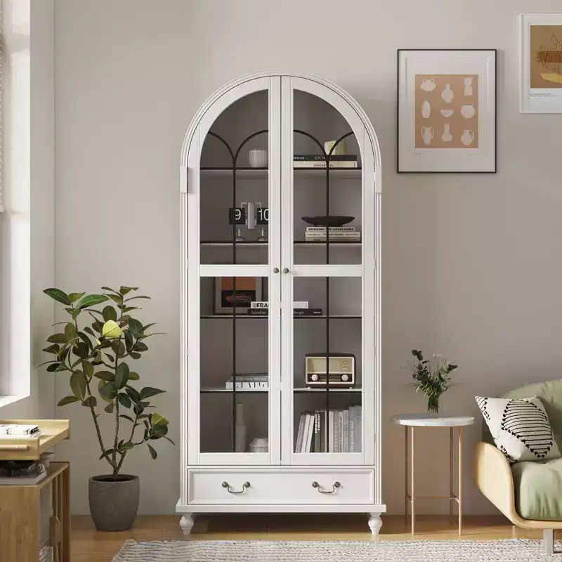 Arched Glass-Door Display Storage Cabinet Bookshelf Magnetic Closure + Open Shelves + Drawer