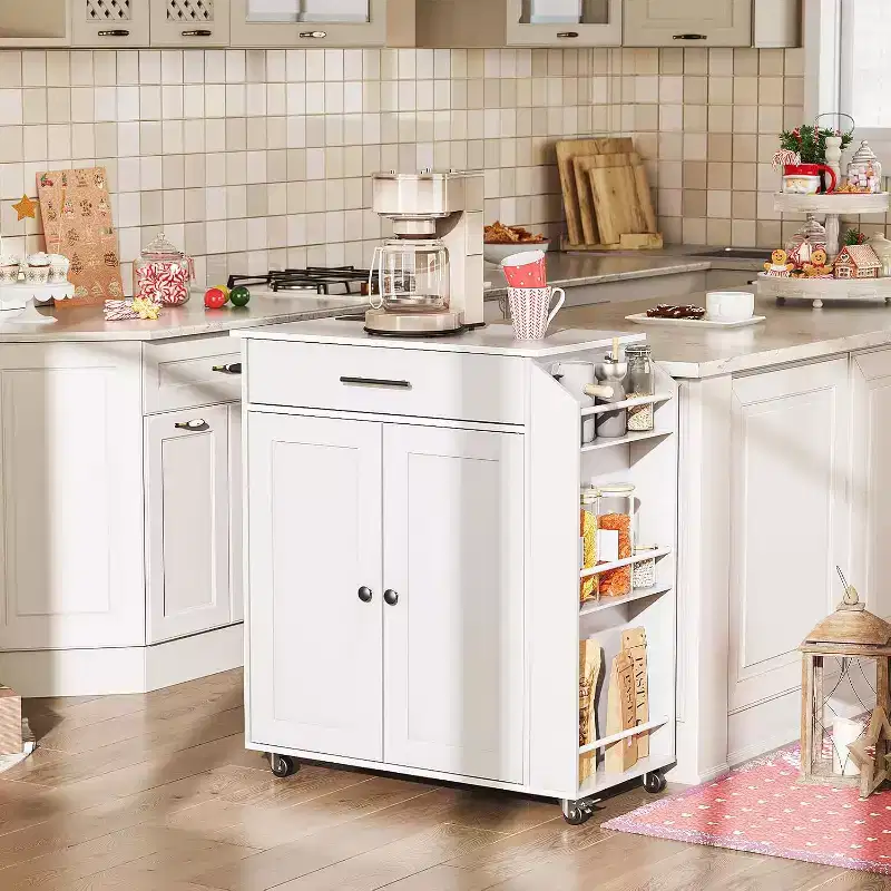 ACOINEL Rolling Kitchen Island with Power Outlet & Spice Rack - White Kitchen Storage Cart with Drawer, Lockable Wheels