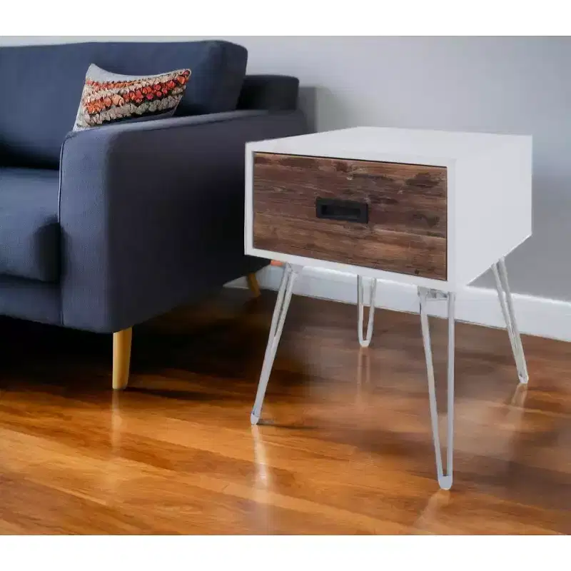 HomeRoots 23 Brown And White Wood And Metal Square End Table With Drawer