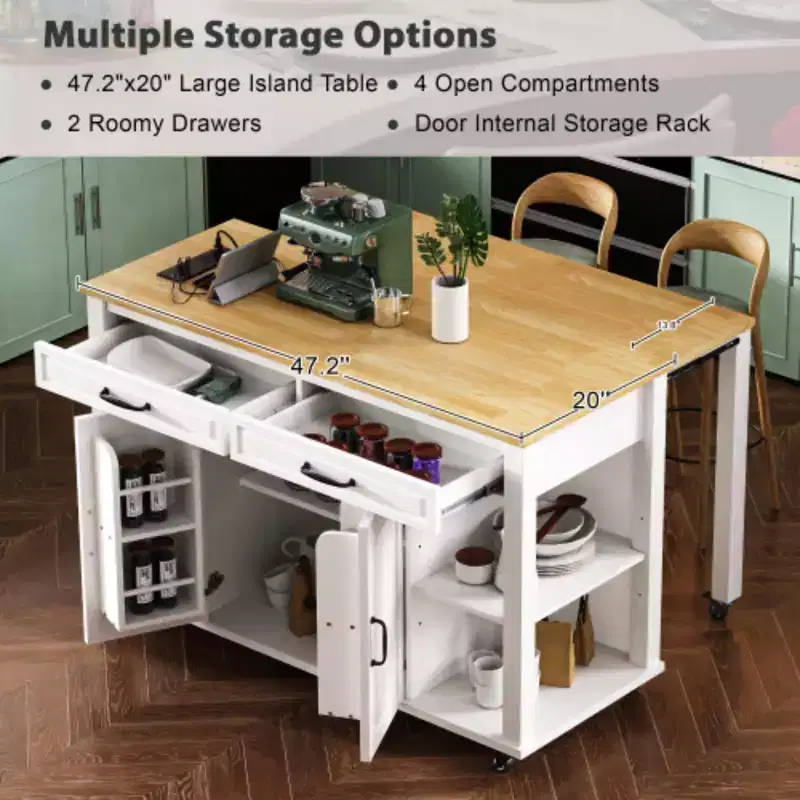 White & Wood Kitchen Island with Extendable Table, Seats 2–5