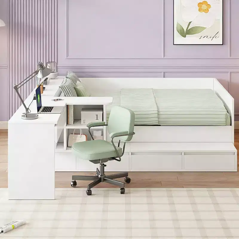 Modern Full Size Wood Platform Bed with Dressing Table, 6 Drawers and Shelves