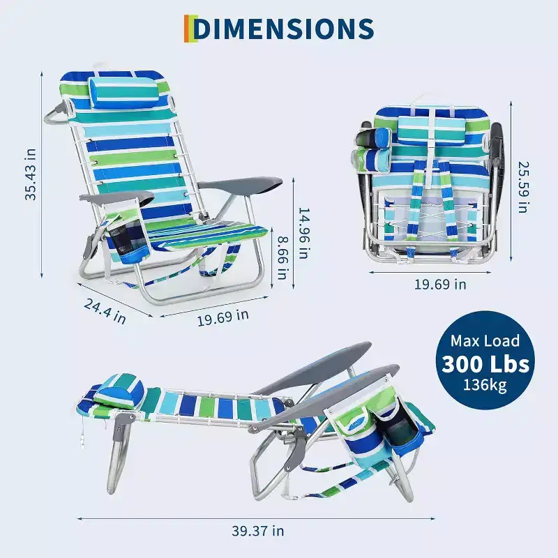 Suspension Folding Beach Backpack Chair with Cup Holder, Towel Bar  Built-in Phone Pocket, Lay-Flat, Hands-Free to Carry for Adults