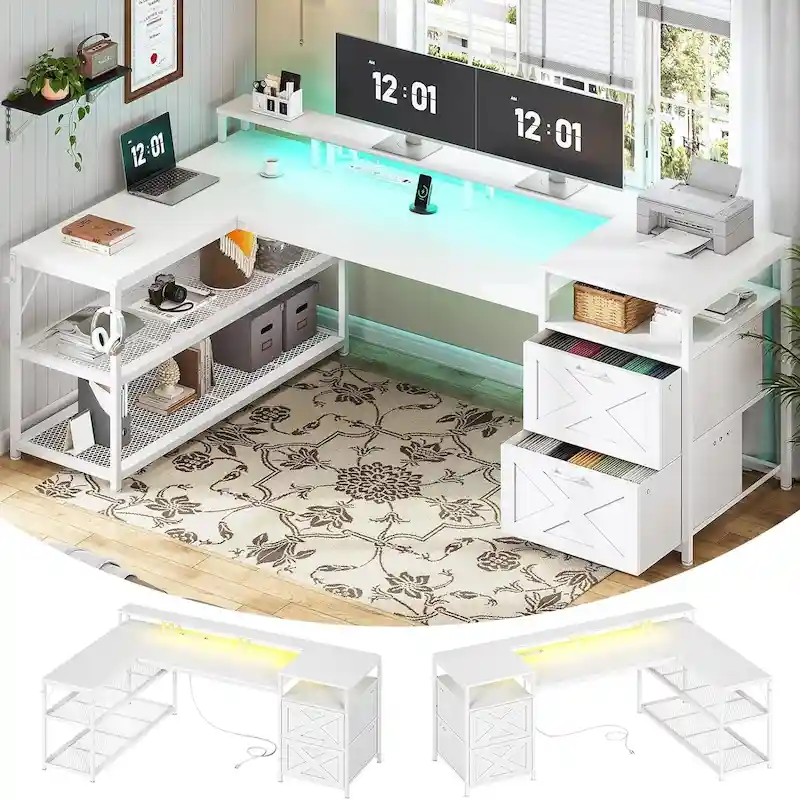 67 L Gaming Shaped Desk Storage Shelves Power Outlet 2 Drawers