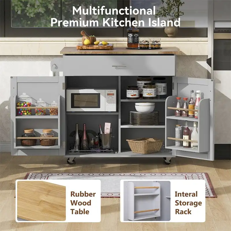 Rolling Kitchen Cart with Adjustable Shelf Tower Rack and Rubber Top - N/A