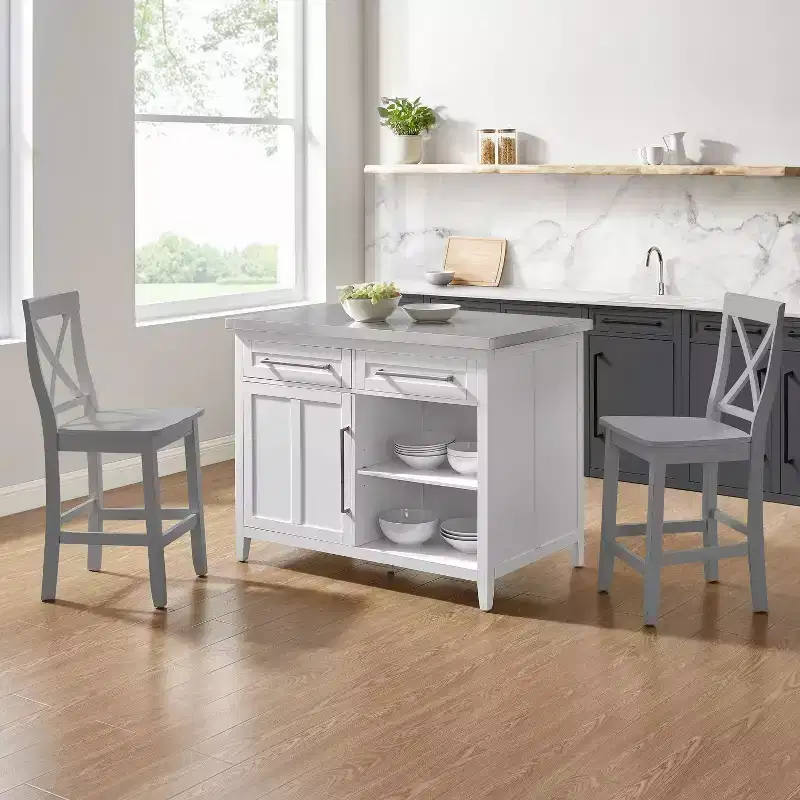 Stainless Steel Top Kitchen Island with X-Back Stools - White/Gray