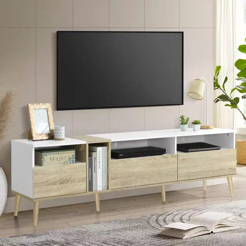 Modern TV Stand TV Console Media Console Entertainment Center with 3 Drawers and Open Shelves for TVs Up to 70, White+Natural-ModernLuxe