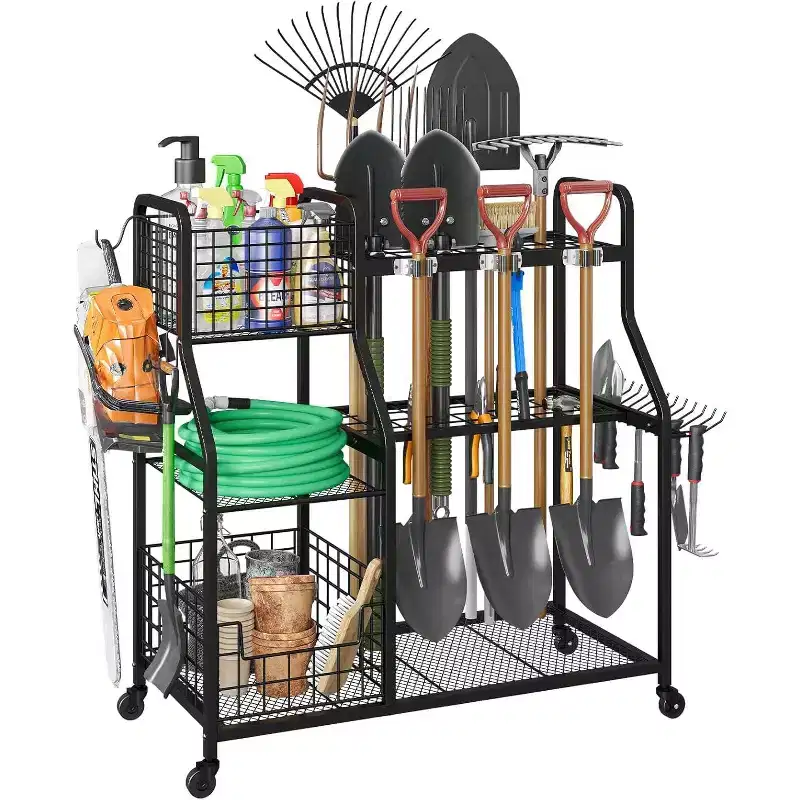 3-Tier Rolling Garden Tool Organizer with Wheels, 6 Shelves and Basket, Freestanding Garage Storage Rack