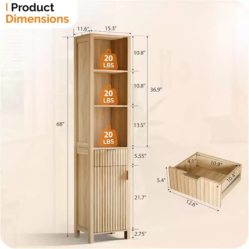 Dcolora Bathroom Floor Skinny Storage Cabinet with 1 Fluted Door&Drawer