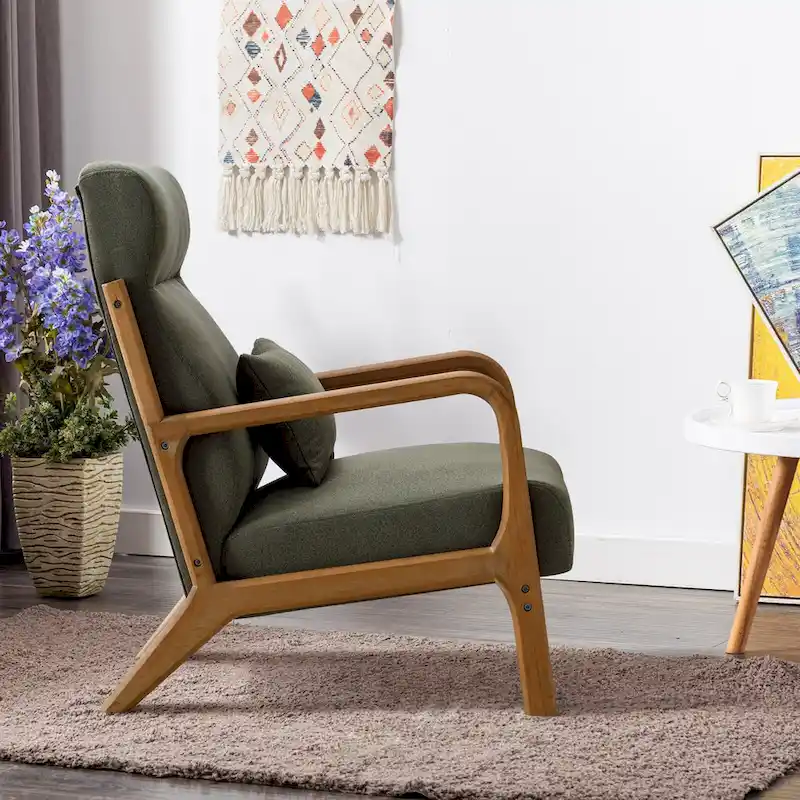 Upholstered Linen Blend Accent Chair with Wooden Legs and One Pillow