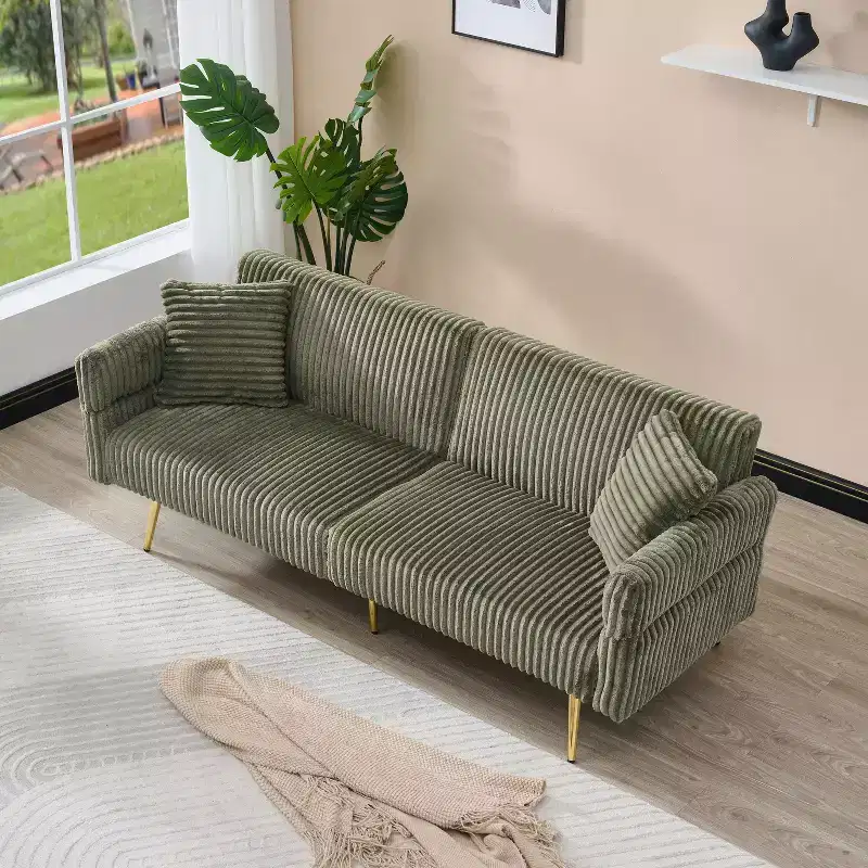 Corduroy Sofa Foldable Double Sofa Bed with Folding Armrests Suitable for Living Room and Small Spaces Green