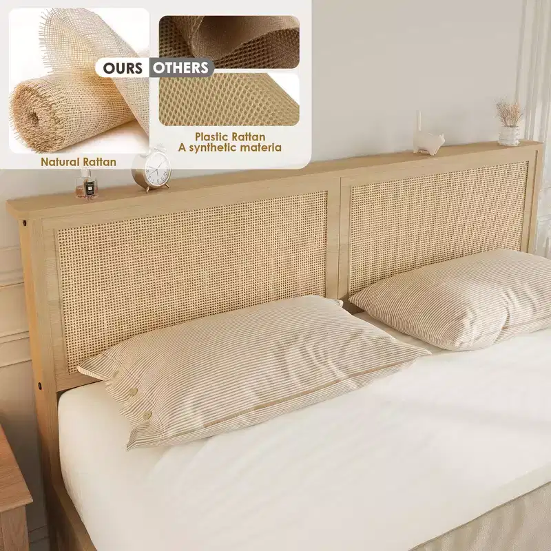 Natural Rattan Bed Frame, Full Size, 2 Storage Drawers, Boho Headboard, For 1