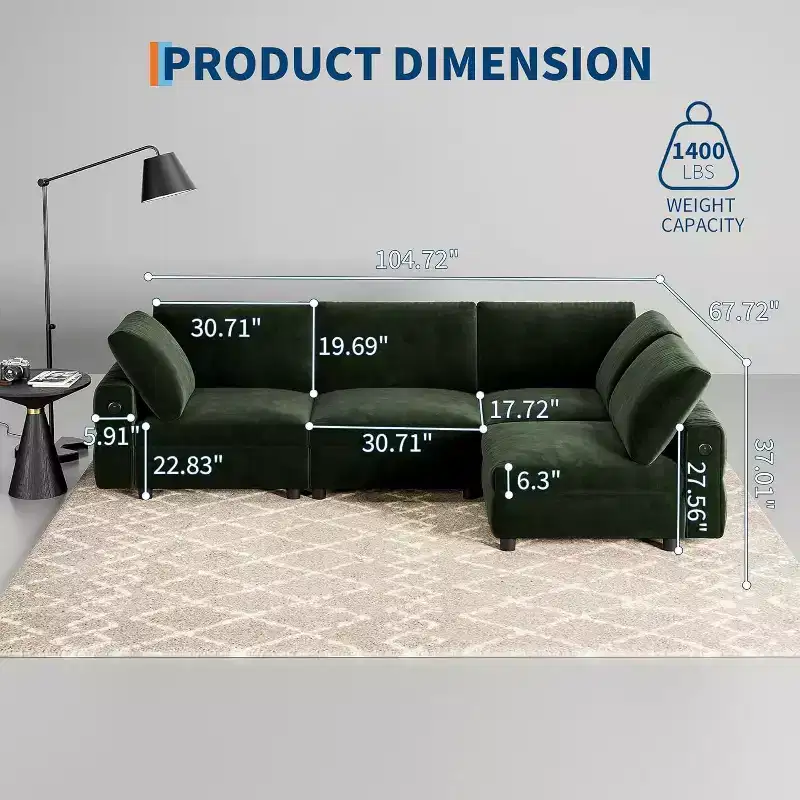 Acekool L-Shaped Velvet Sectional, Green | 4-Seater w/ USB Charging & 6 Pillows | Convertible Cloud Couch for Living Spaces